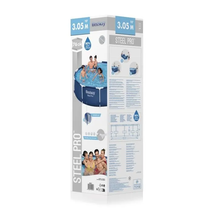 Bestway Steel Pro - Piscine hors sol tubulaire ronde, 305 x 76 cm, DuraPlus, acier inoxydable, résistante UV et chlore, vanne de vidange, 4678 litres