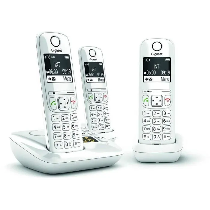 Gigaset AS690 A Trio Blanc - Téléphone fixe sans fil avec répondeur et 2 combinés supplémentaires - Écran monochrome, 20 tonalités, répertoire 100 contacts, ID appelant