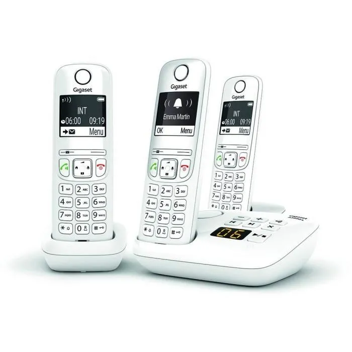 Gigaset AS690 A Trio Blanc - Téléphone fixe sans fil avec répondeur et 2 combinés supplémentaires - Écran monochrome, 20 tonalités, répertoire 100 contacts, ID appelant