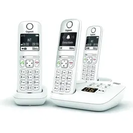 Gigaset AS690 A Trio Blanc - Téléphone fixe sans fil avec répondeur et 2 combinés supplémentaires - Écran monochrome, 20 tonalités, répertoire 100 contacts, ID appelant