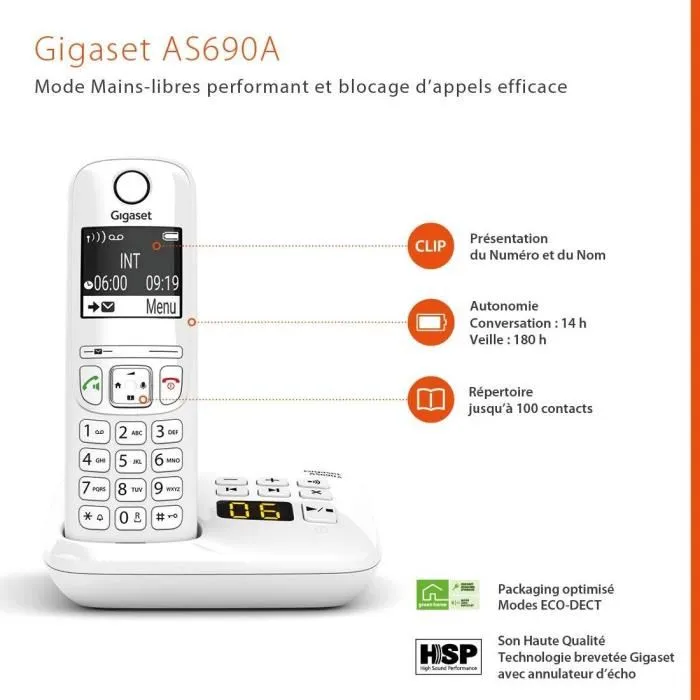 Gigaset AS690 A Trio Blanc - Téléphone fixe sans fil avec répondeur et 2 combinés supplémentaires - Écran monochrome, 20 tonalités, répertoire 100 contacts, ID appelant