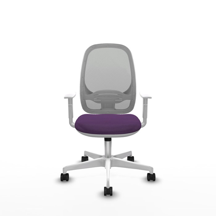 Chaise Cilanco Synchro 3 positions tissu Pourpre Maille Gris Structure polyamide blanc Accoudoirs blancs Sans appui-tête Roulettes 65mm nylon