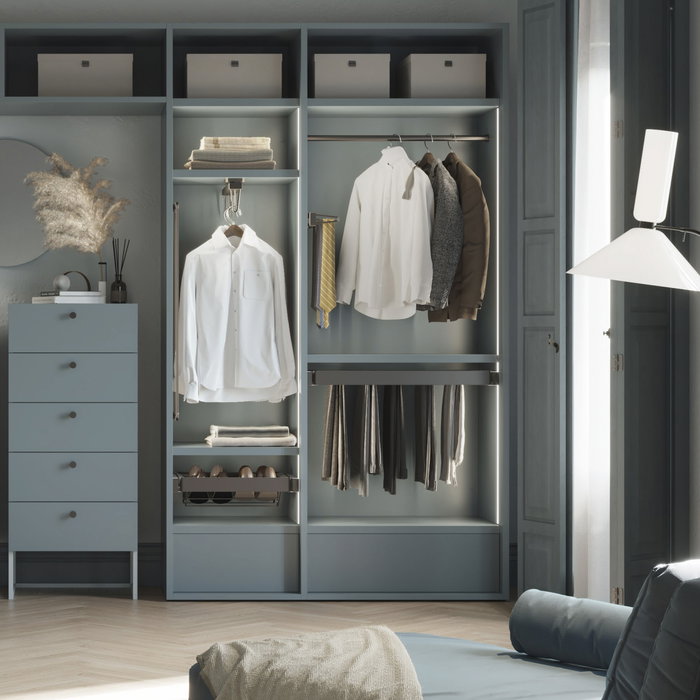 Emuca Kit de porte-pantalon à 7tringles et rack ajustable Quartz pour armoires, glissières extension totale et à fermeture douce, Module 60cm, Finition Titane