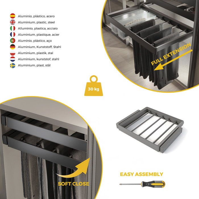 Emuca Kit de porte-pantalon à 7tringles et rack ajustable Quartz pour armoires, glissières extension totale et à fermeture douce, Module 60cm, Finition Titane