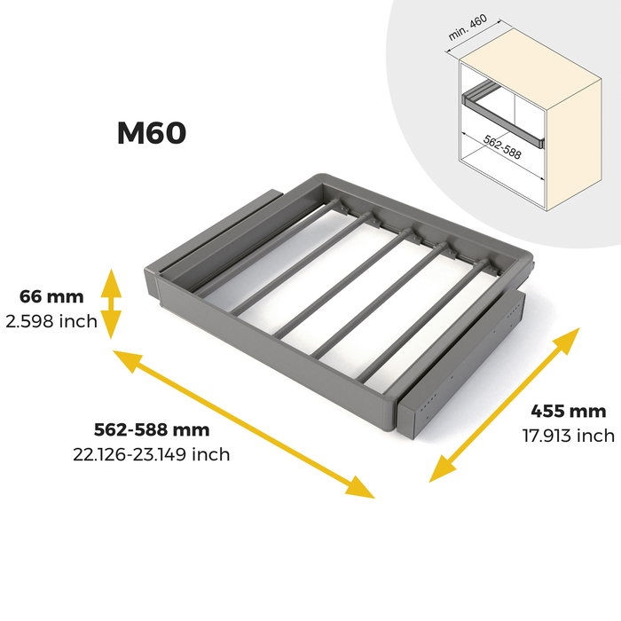 Emuca Kit de porte-pantalon à 7tringles et rack ajustable Quartz pour armoires, glissières extension totale et à fermeture douce, Module 60cm, Finition Titane