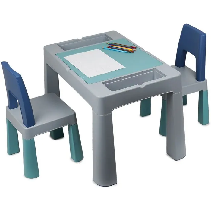 Thermobaby MULTIPLAY - Table d'activités multifonction pour enfants avec 2 chaises - Gris et Bleu