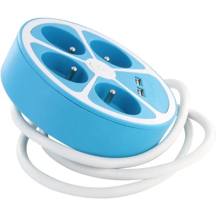 Chacon 4X16A - Multiprise circulaire design avec 2 ports USB-A, interrupteur et cordon de 1,5 m - Bleu