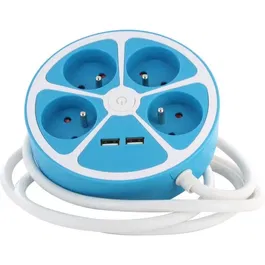 Chacon 4X16A - Multiprise circulaire design avec 2 ports USB-A, interrupteur et cordon de 1,5 m - Bleu