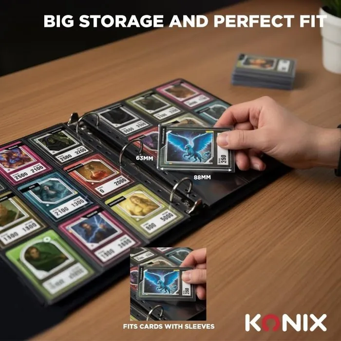 Konix Classeur Premium avec reliure à anneaux et couverture rigide en PU - Noir - Format 63x88 mm - Compatible Magic The Gathering, Pokémon, Yu-Gi-Oh! Konix Classeur Premium avec reliure à anneaux et couverture rigide en PU - Noir - Format 63x88 mm - Compatible Magic The Gathering, Pokémon, Yu-Gi-Oh!