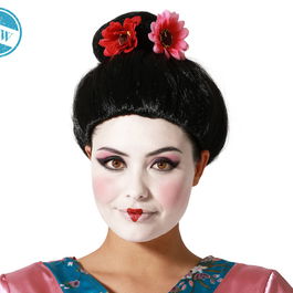 Peluca Perruque de Geisha Noire avec Fleurs Décoratives et Chignon Haut 140 g - Pour Cosplay, Théâtre et Fêtes à Thème Japonais