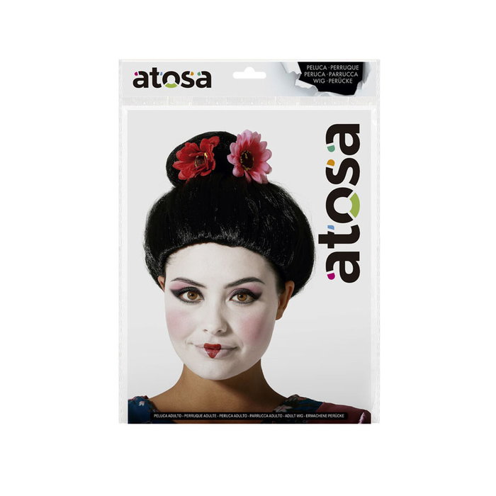 BigBuy Carnival Perruque de Geisha Noire avec Fleurs Décoratives et Chignon Haut