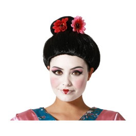 BigBuy Carnival Perruque de Geisha Noire avec Fleurs Décoratives et Chignon Haut