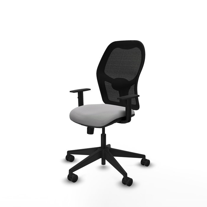 Chaise Alocén Synchro 3 positions tissu Gris clair Maille Noir Base pyramidale noire Accoudoir 1D Sans appui-tête Roulettes 65mm nylon