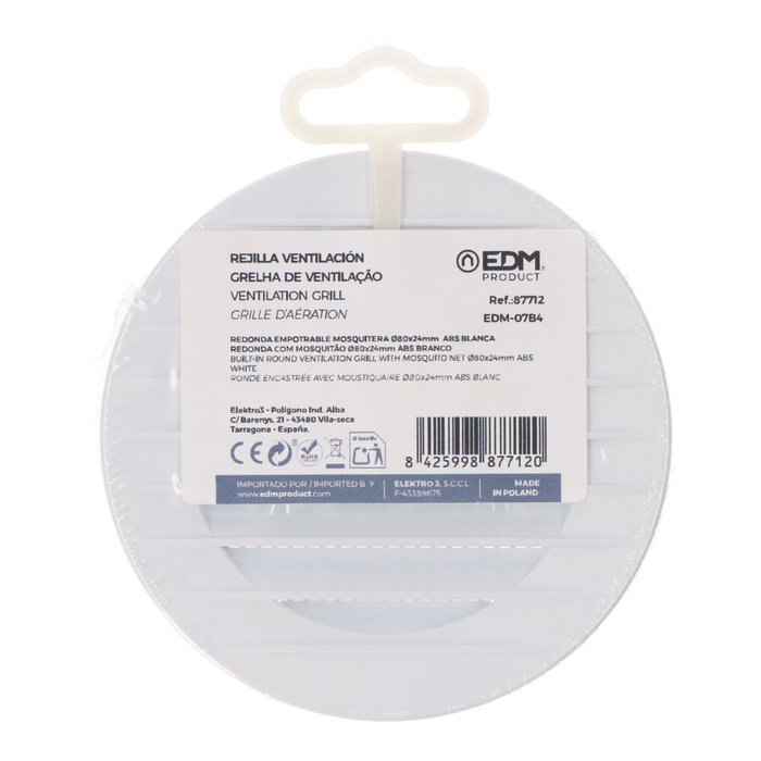 Edm Grille de ventilation ronde encastrable avec moustiquaire ABS blanc Ø80mm