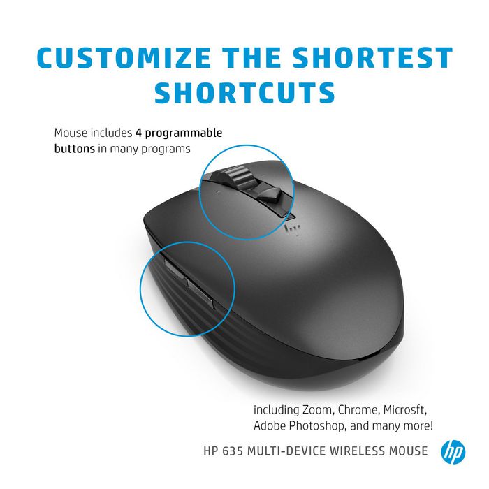 HP Souris sans fil Bluetooth Multi-Appareils 635 - Capteur Haute Précision (verre), Boutons Programmables, Confort Ergonomique