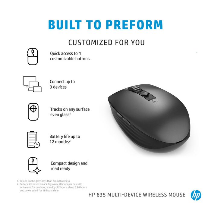 HP Souris sans fil Bluetooth Multi-Appareils 635 - Capteur Haute Précision (verre), Boutons Programmables, Confort Ergonomique