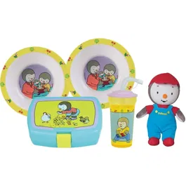 Fun House - Lot vaisselle T'CHOUPI avec 2 assiettes creuses, boîte à goûter, gourde avec paille et peluche - 18 cm