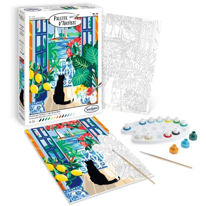 Sentosphere - Peinture par numéros pour adultes - Le chat à la fenêtre - Peinture acrylique sur toile avec pinceaux - Peinture lifestyle