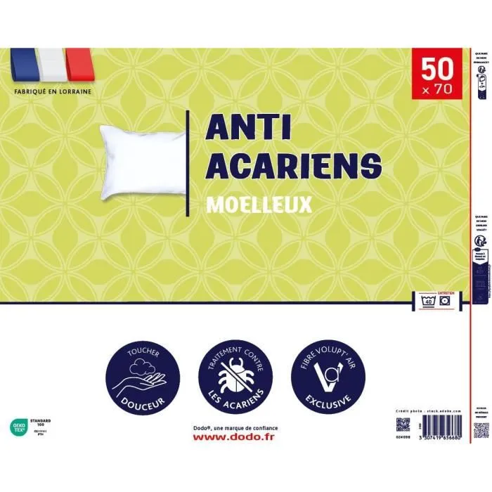 Dodo Oreiller Anti-Acariens 50x70 cm - Housse 100% Polyester Traité Anti-Acariens, Garnissage Polyester Volupt'Air