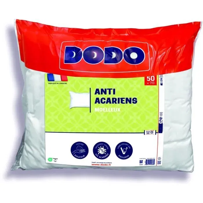Dodo Oreiller Anti-Acariens 50x70 cm - Housse 100% Polyester Traité Anti-Acariens, Garnissage Polyester Volupt'Air