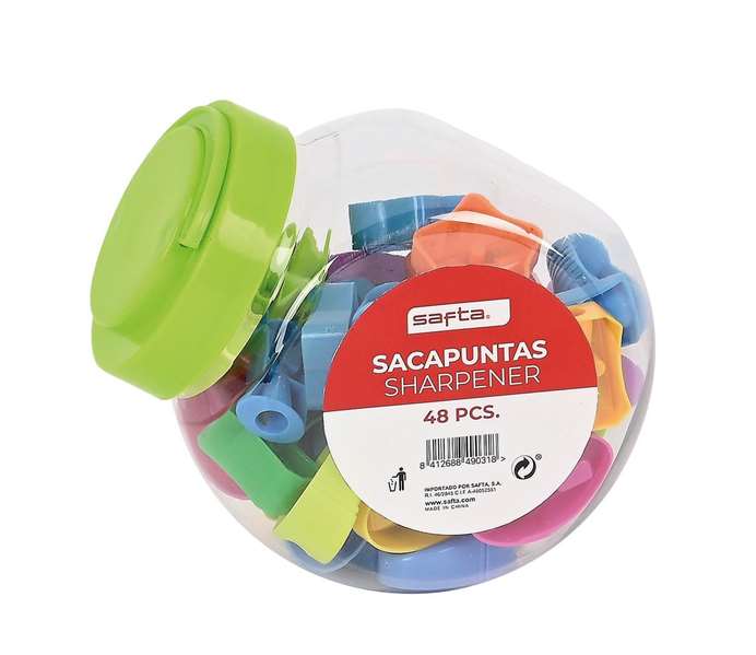 Safta Boîte de 48 pièces taille-crayons assortis, modèles variés 10 x 12 x 10 cm pour enfants dès 3 ans