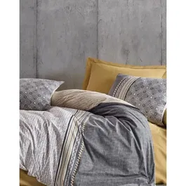 Parure de lit housse de couette 220 x 240 cm + 2 taies 60 x 60 cm - Coton renforcé - 100% coton - 145 fils - Gris, Moutarde, Blanc