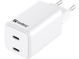 Sandberg Chargeur Secteur AC Dual USB-C PD 65W EU avec 2 ports USB-C Power Delivery pour ordinateur portable, tablette et smartphone