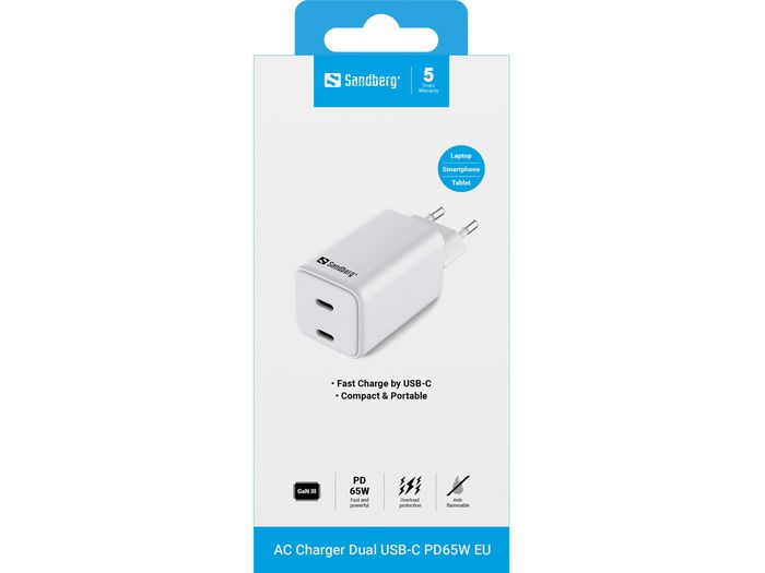 Sandberg Chargeur Secteur AC Dual USB-C PD 65W EU avec 2 ports USB-C Power Delivery pour ordinateur portable, tablette et smartphone