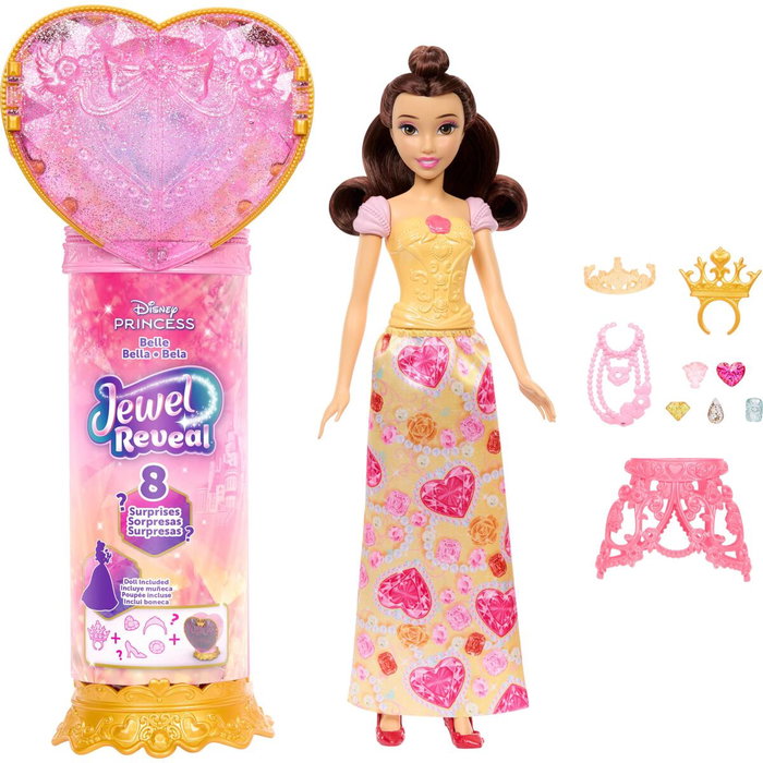 Mattel Disney Princess Poupée Belle Jewel Reveal avec accessoires surprise et boîte à bijoux en forme de cœur
