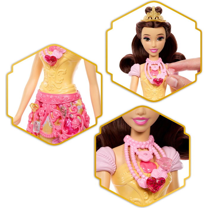 Mattel Disney Princess Poupée Belle Jewel Reveal avec accessoires surprise et boîte à bijoux en forme de cœur