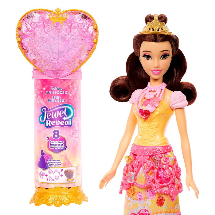 Mattel Disney Princess Poupée Belle Jewel Reveal avec accessoires surprise et boîte à bijoux en forme de cœur