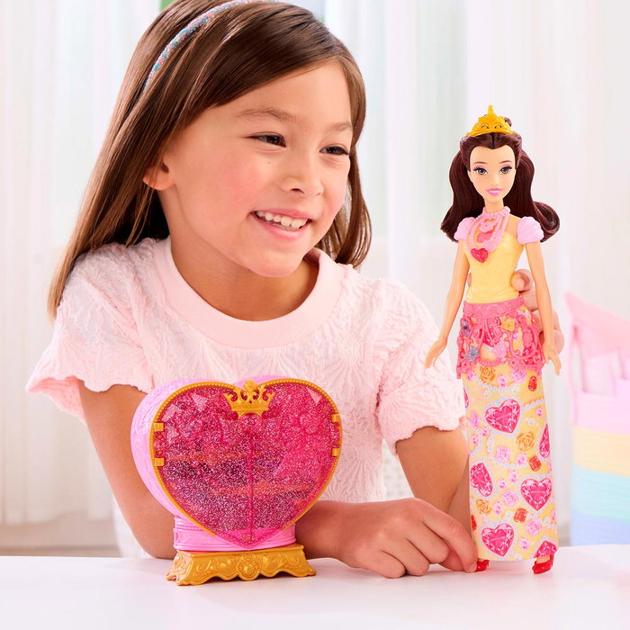 Mattel Disney Princess Poupée Belle Jewel Reveal avec accessoires surprise et boîte à bijoux en forme de cœur
