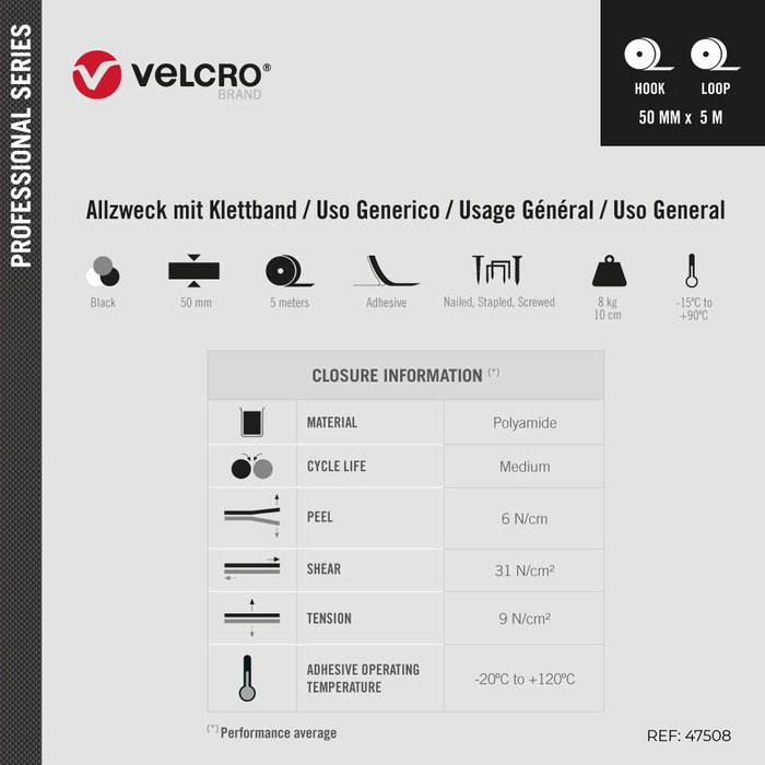 Ruban adhésif double face Velcro Noir 50 mm x 5 m Extra-fort