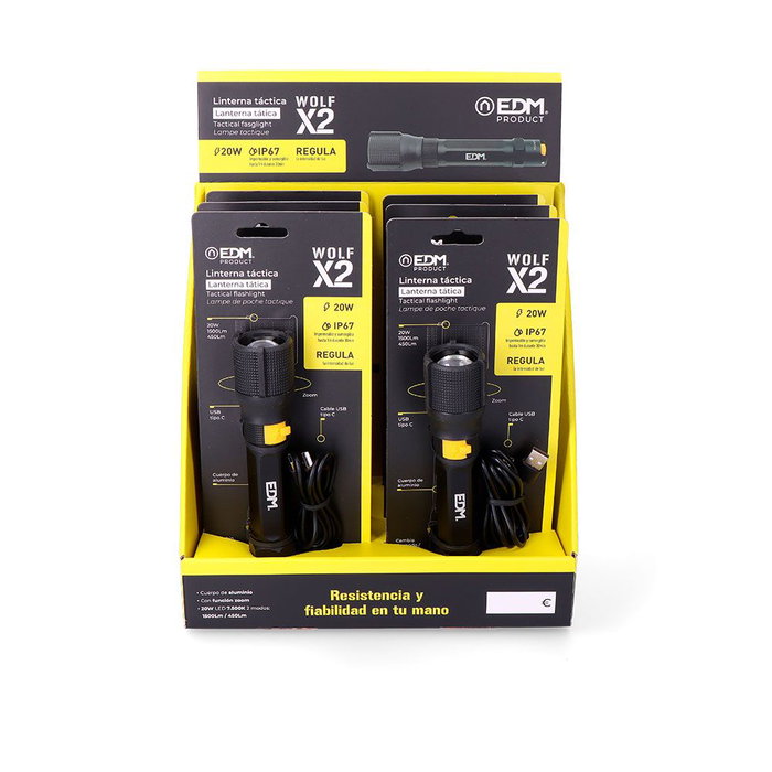 Edm Wolf X2 Lampe Torche Tactique LED Rechargeable 1500 lm IP67 Noir USB-C