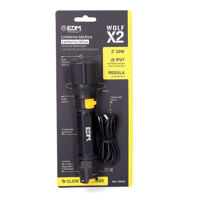 Edm Wolf X2 Lampe Torche Tactique LED Rechargeable 1500 lm IP67 Noir USB-C
