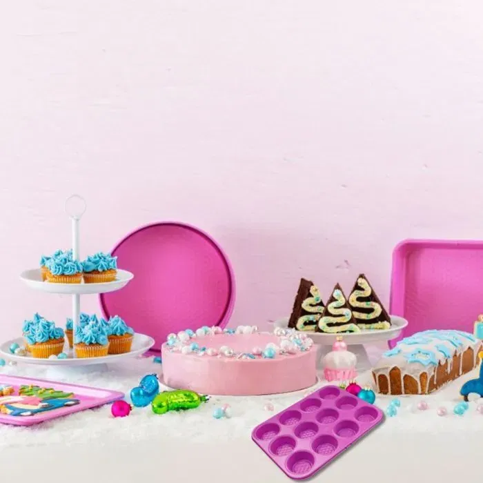 Fackelmann Tasty - Ensemble de 4 moules à pâtisserie antiadhésifs (moule à muffins, moule à manqué, plaque à pâtisserie, moule à brownie) - Rose fuchsia Fackelmann Tasty - Ensemble de 4 moules à pâtisserie antiadhésifs (moule à muffins, moule à manqué, plaque à pâtisserie, moule à brownie) - Rose fuchsia