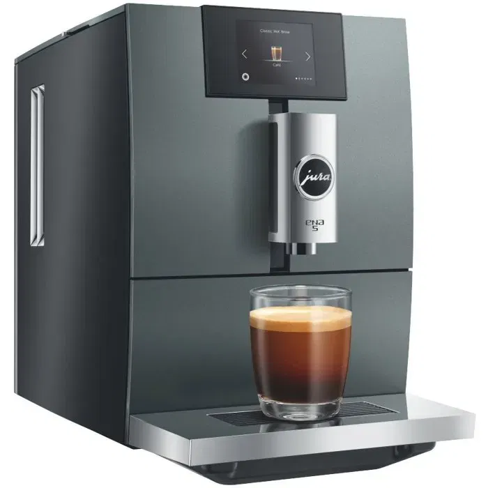 JURA ENA 5 Machine à café expresso broyeur, 6 boissons, 1450 W, réservoir 1.1 L, percolation Hot/Cold/Light Brew, écran tactile TFT, finition vert gris laqué