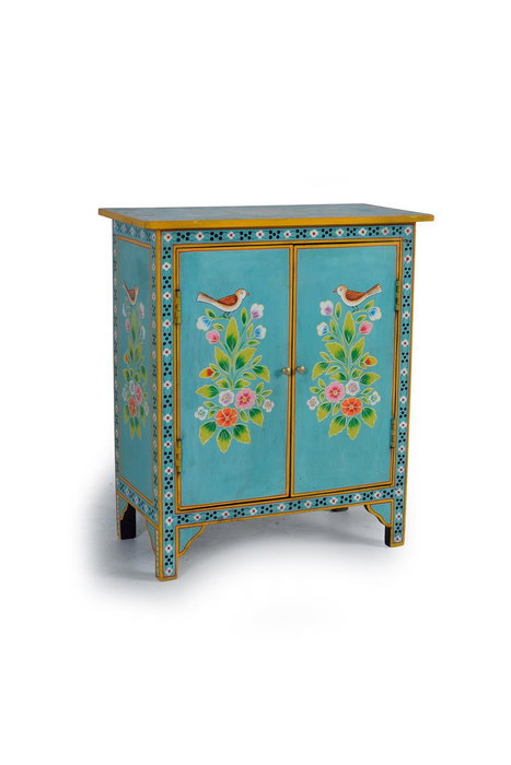 GINER Y COLOMER - Buffet en bois de manguier turquoise 2 portes avec détails peints à main - 77 x 65 x 33 cm - Meuble artisanal GINER Y COLOMER - Buffet en bois de manguier turquoise 2 portes avec détails peints à main - 77 x 65 x 33 cm - Meuble artisanal