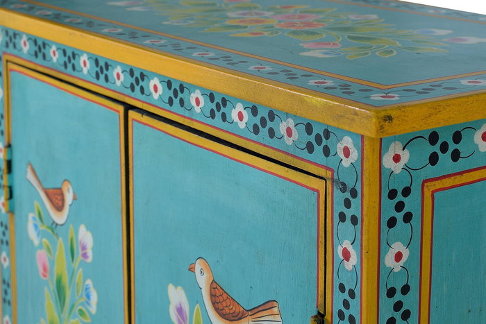 GINER Y COLOMER - Buffet en bois de manguier turquoise 2 portes avec détails peints à main - 77 x 65 x 33 cm - Meuble artisanal GINER Y COLOMER - Buffet en bois de manguier turquoise 2 portes avec détails peints à main - 77 x 65 x 33 cm - Meuble artisanal