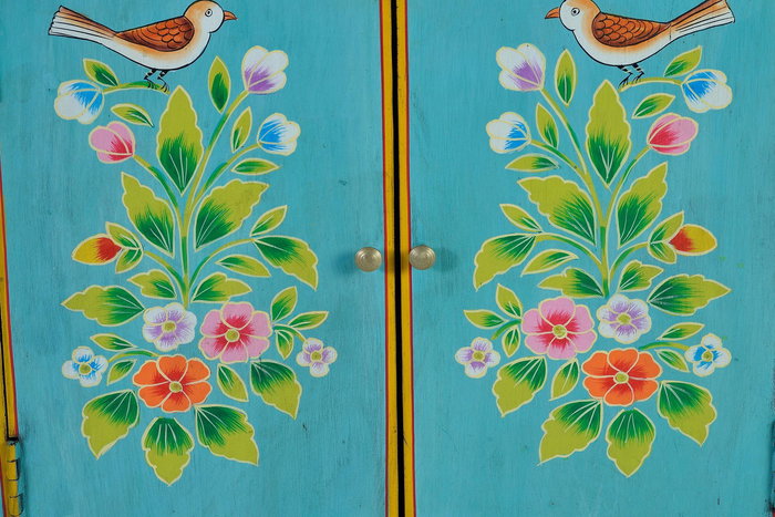 GINER Y COLOMER - Buffet en bois de manguier turquoise 2 portes avec détails peints à main - 77 x 65 x 33 cm - Meuble artisanal GINER Y COLOMER - Buffet en bois de manguier turquoise 2 portes avec détails peints à main - 77 x 65 x 33 cm - Meuble artisanal