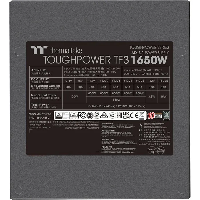 Thermaltake Toughpower TF3 1650W - Alimentation PC 80 Plus Titanium Modulaire - 1650W - ATX 3.1 - Compatible PCI-E 5.1 12VHPWR (16Pin) x2 - Noir