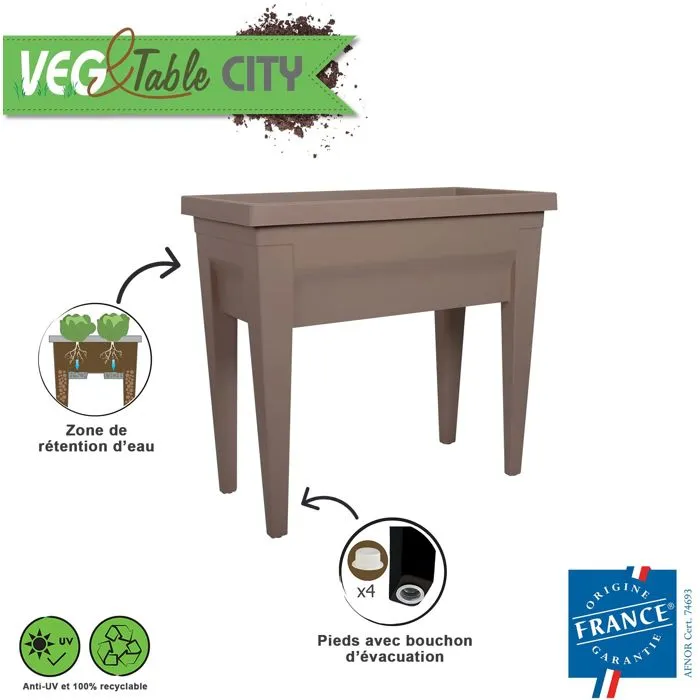 Eda Veg&Table City - Table de culture potagère sur pieds 76 x 38.5 x 68 cm, 57 litres, couleur taupe, pour balcon et terrasse