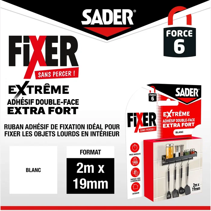 Sader - Ruban adhésif double face extra fort Extreme - Fixation sans percer - Support jusqu'à 10 kg - Intérieur - 2 m x 19 mm - Blanc