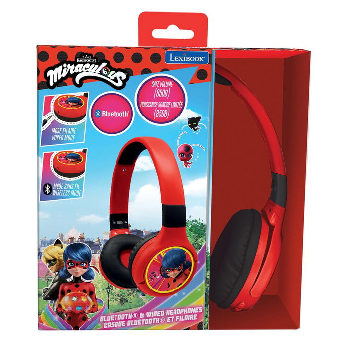LEXIBOOK Prodigiosa Ladybug - Casque audio enfant pliable Bluetooth 5.0 et filaire 3,5 mm avec son limité à 85 dB, micro et batterie rechargeable