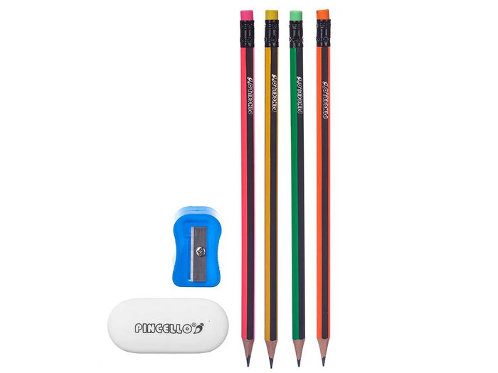 Pincello Lot de 3 crayons à rayures avec gomme et taille-crayon 1,2 x 8 x 24,5 cm (Set de 48)