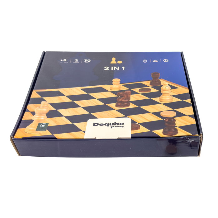 Deqube Jeu d'Échecs et Dames en Bois Certifié FSC Double Jeu - Set Élégant pour Adultes et Enfants (à partir de 7 ans) - Langues: Anglais, Portugais, Espagnol