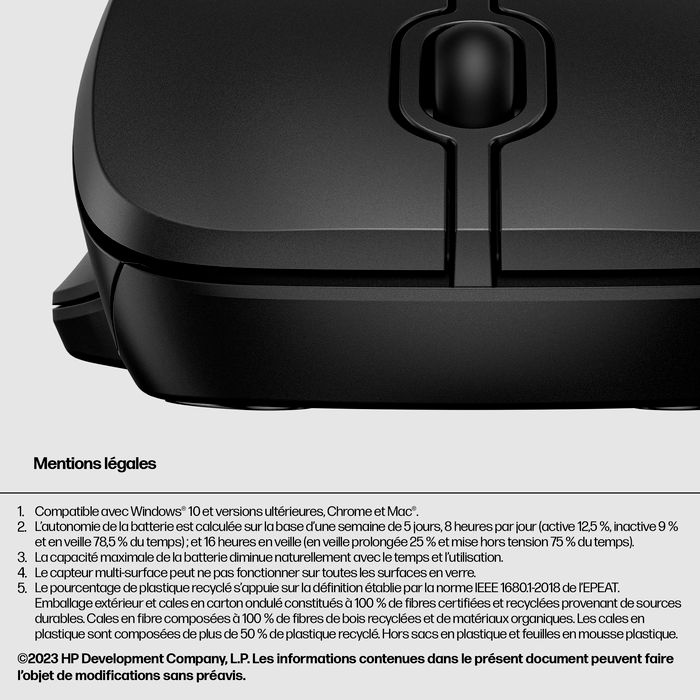 HP 255 - Souris sans fil ambidextre avec double connectivité (Bluetooth 5.0 et USB) et capteur 1600 DPI pour Windows, ChromeOS, macOS