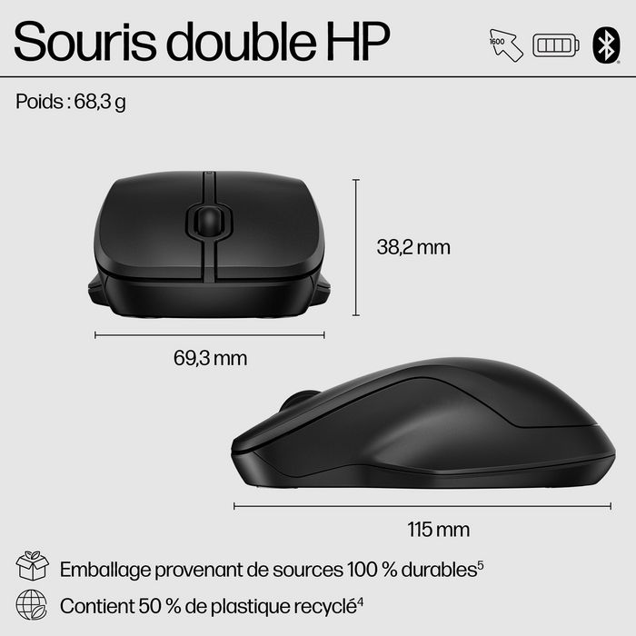 HP 255 - Souris sans fil ambidextre avec double connectivité (Bluetooth 5.0 et USB) et capteur 1600 DPI pour Windows, ChromeOS, macOS