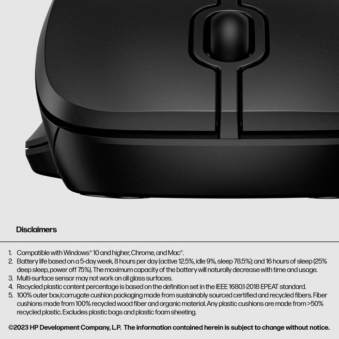 HP 255 - Souris sans fil ambidextre avec double connectivité (Bluetooth 5.0 et USB) et capteur 1600 DPI pour Windows, ChromeOS, macOS