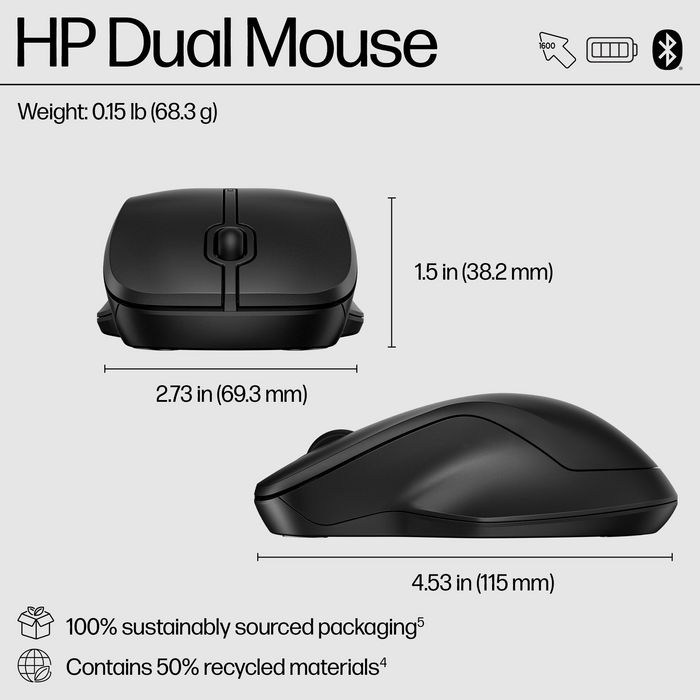 HP 255 - Souris sans fil ambidextre avec double connectivité (Bluetooth 5.0 et USB) et capteur 1600 DPI pour Windows, ChromeOS, macOS